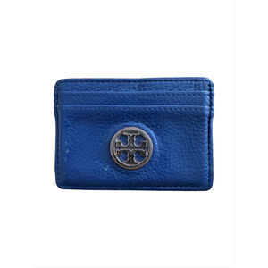 Tory Burch Cobalt Blue Pebbled Leather Card Holder Wallet Gold Logo